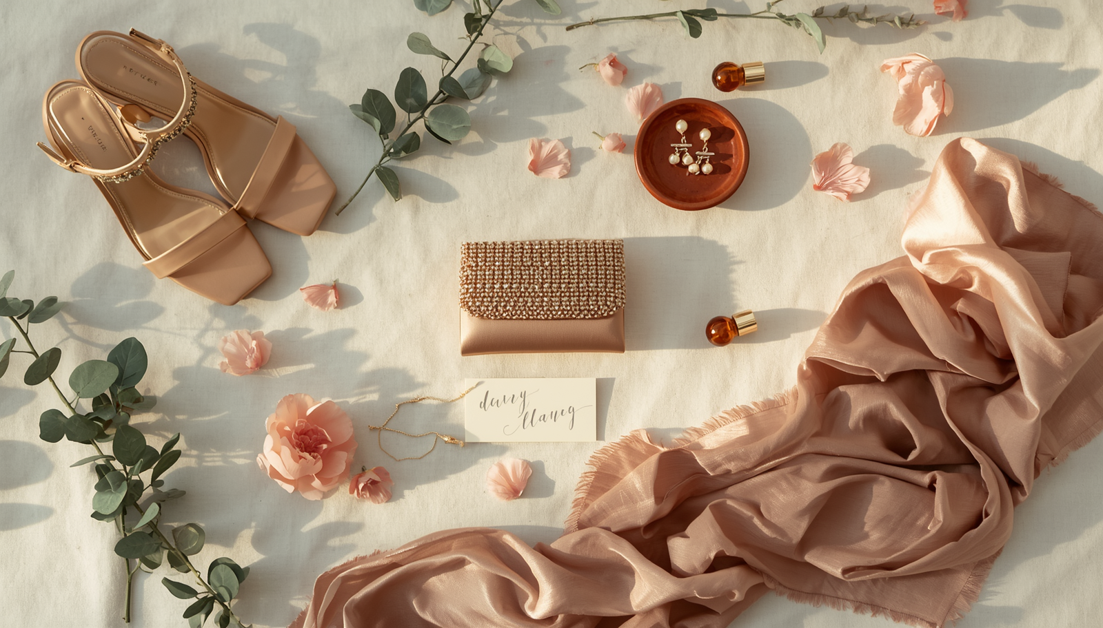 Wedding guest accessories flat-lay with champagne-gold heels, beaded clutch, pearl earrings, dusty-rose silk wrap, calligraphy place card and fresh petals