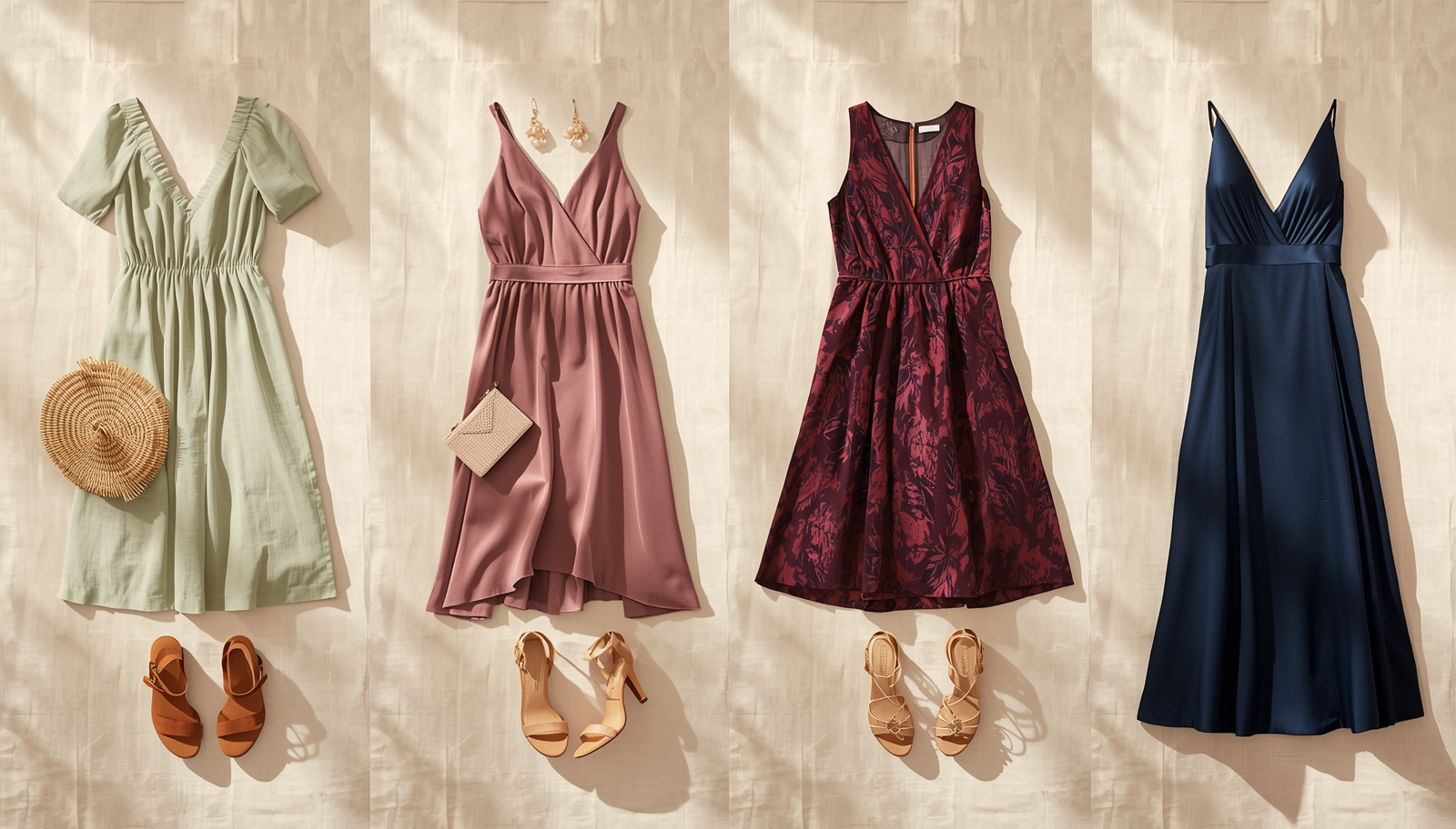 Four wedding guest outfits showing escalating dress codes from countryside to black tie
