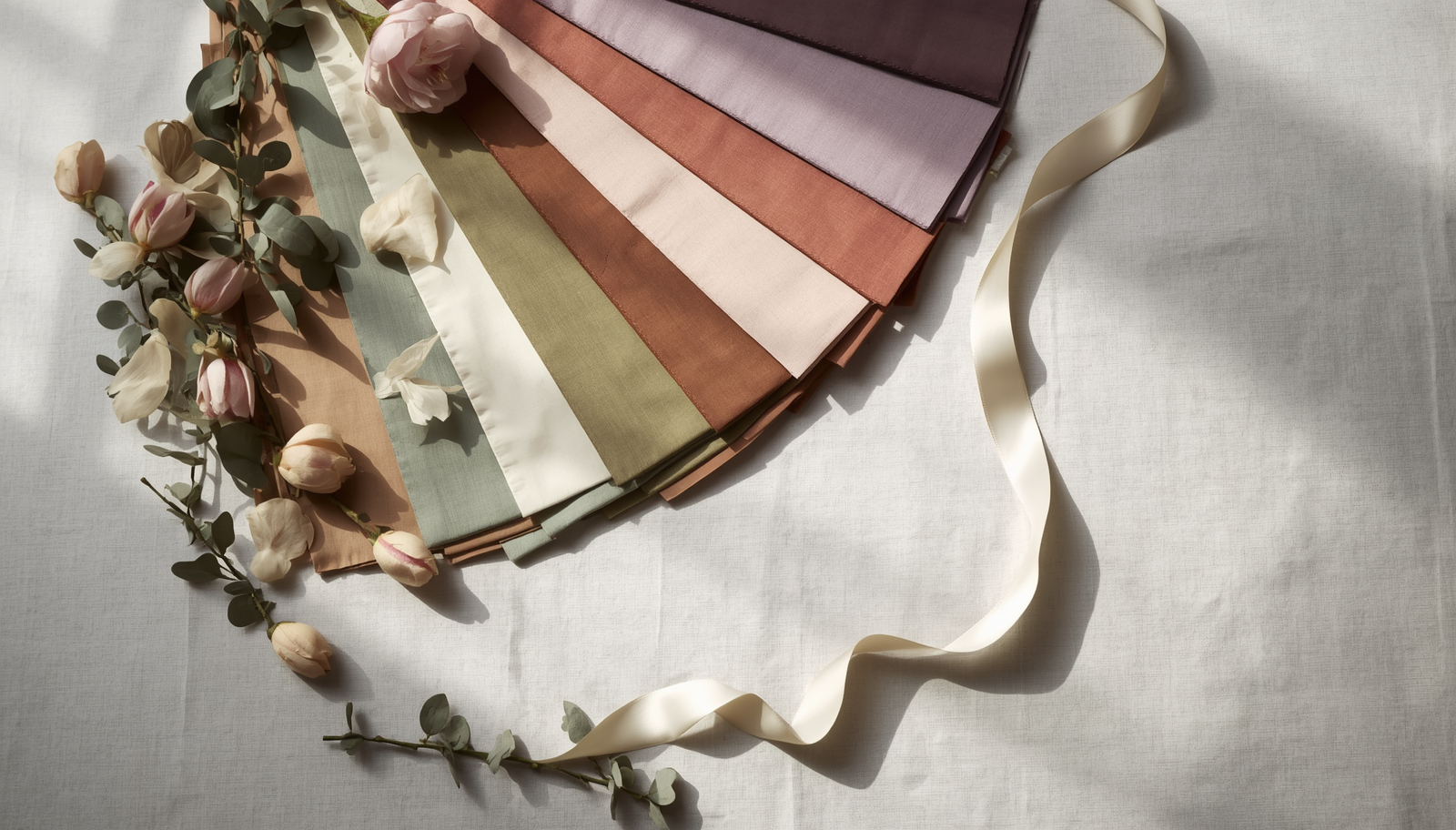 Fan of fabric swatches in dusty rose, sage, olive, terracotta and lavender with dried florals and ivory ribbon on linen