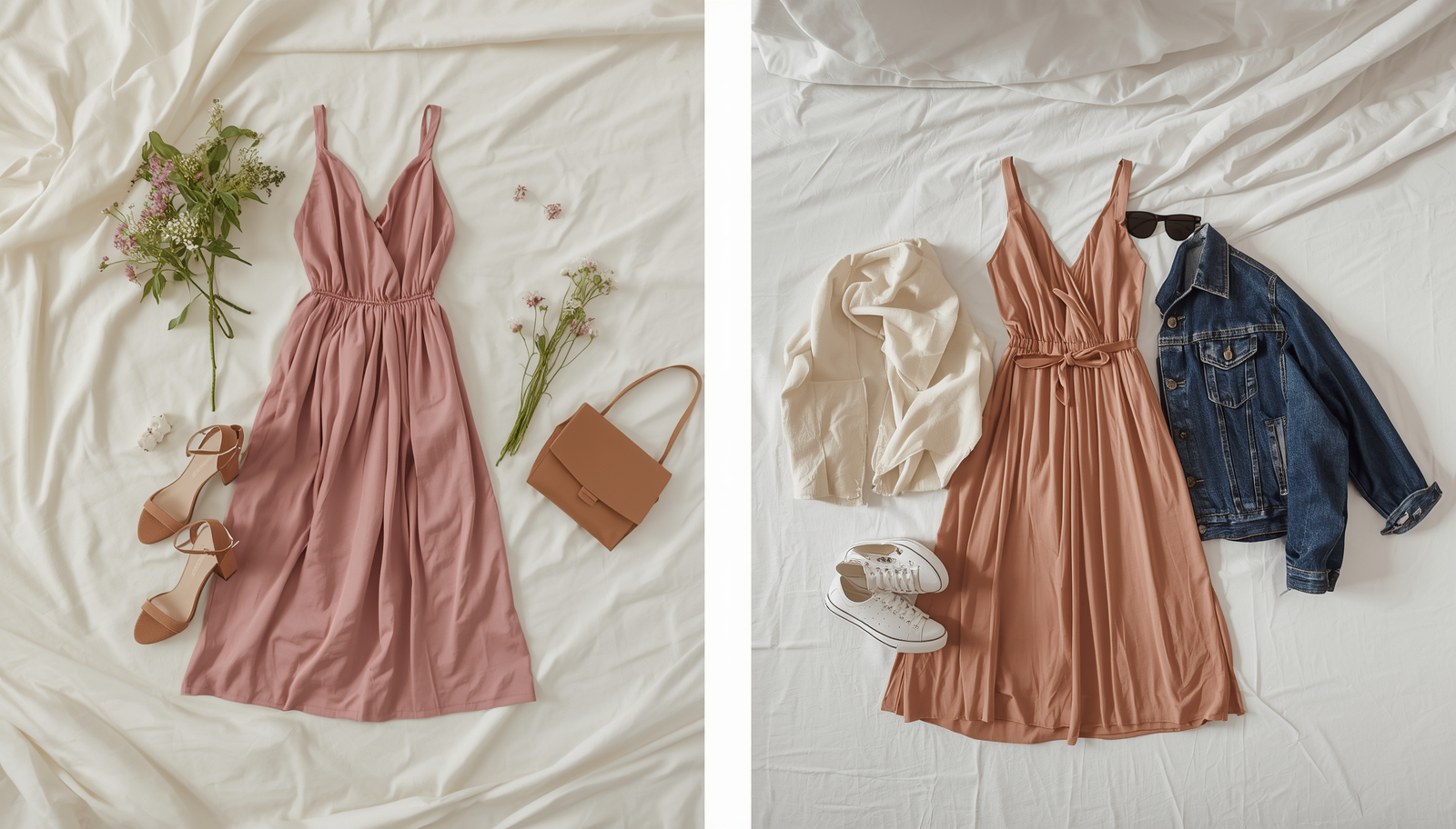 Split-screen styling of the same dress for a wedding and for weekend wear with denim jacket and trainers